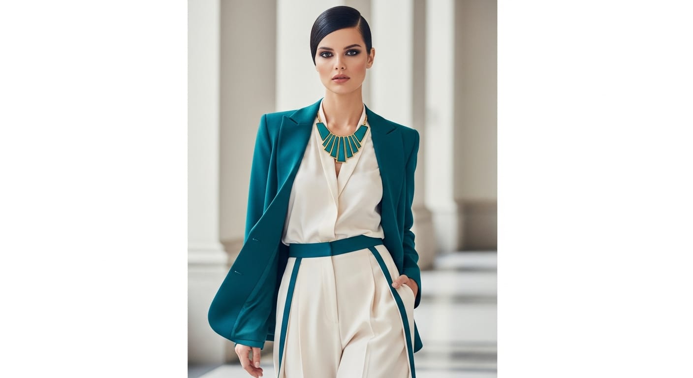 Confident woman wearing a stylish teal and cream outfit styled by Magnolia AI