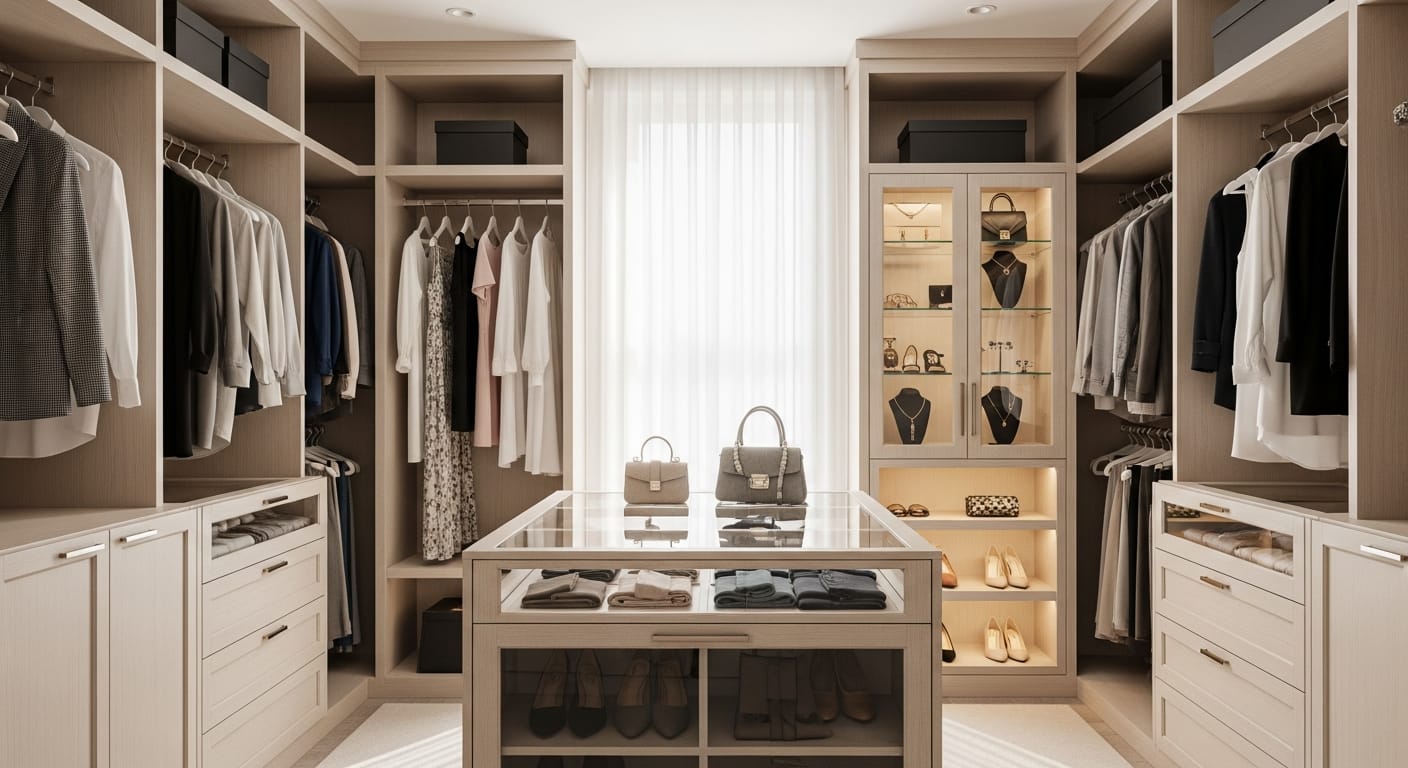 Luxury minimalist walk-in closet organized with Magnolia wardrobe intelligence