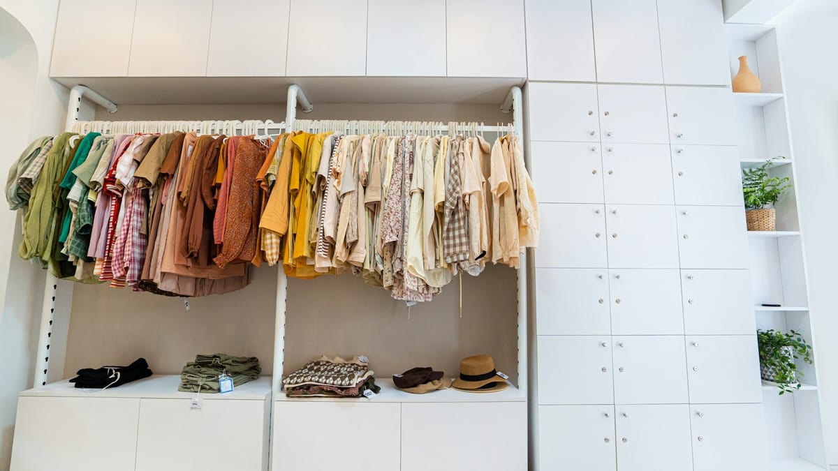 An organized closet with clothes sorted by color, showing what a well-balanced wardrobe can look like