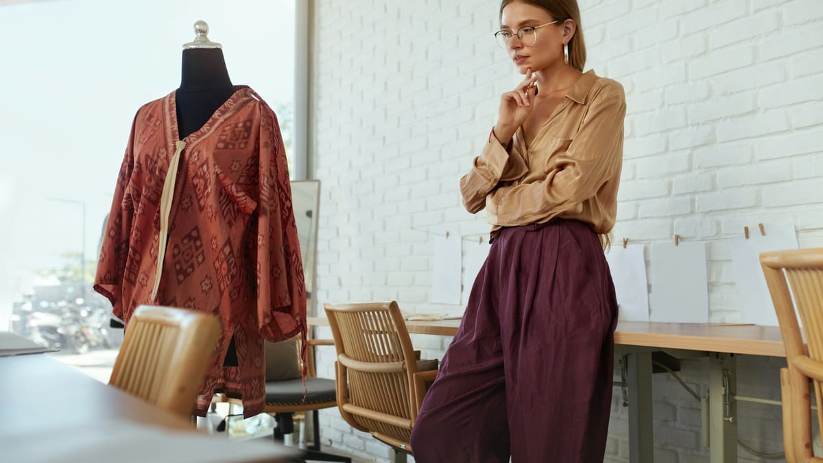 A woman considering a patterned jacket displayed on a mannequin, a small distance between her and the piece